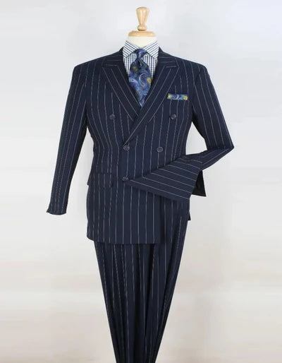 Men's Navy Blue Double Breasted Pinstripe Suit Modern Fit By rossiman - 34 Short or Extra Small