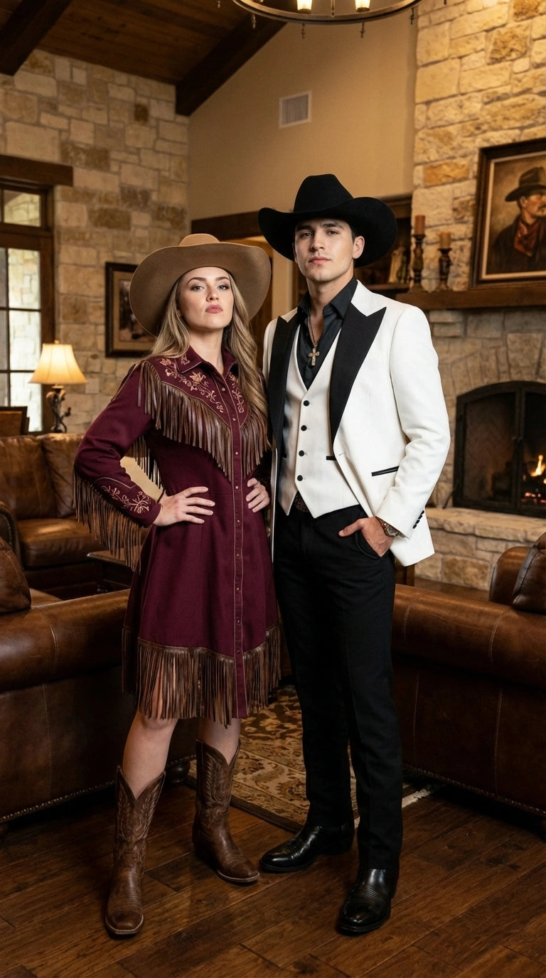 Men’s White Cowboy Tuxedo with Black Satin Lapel – Western Formal Suit with Matching Vest - 34 Short or Extra Small