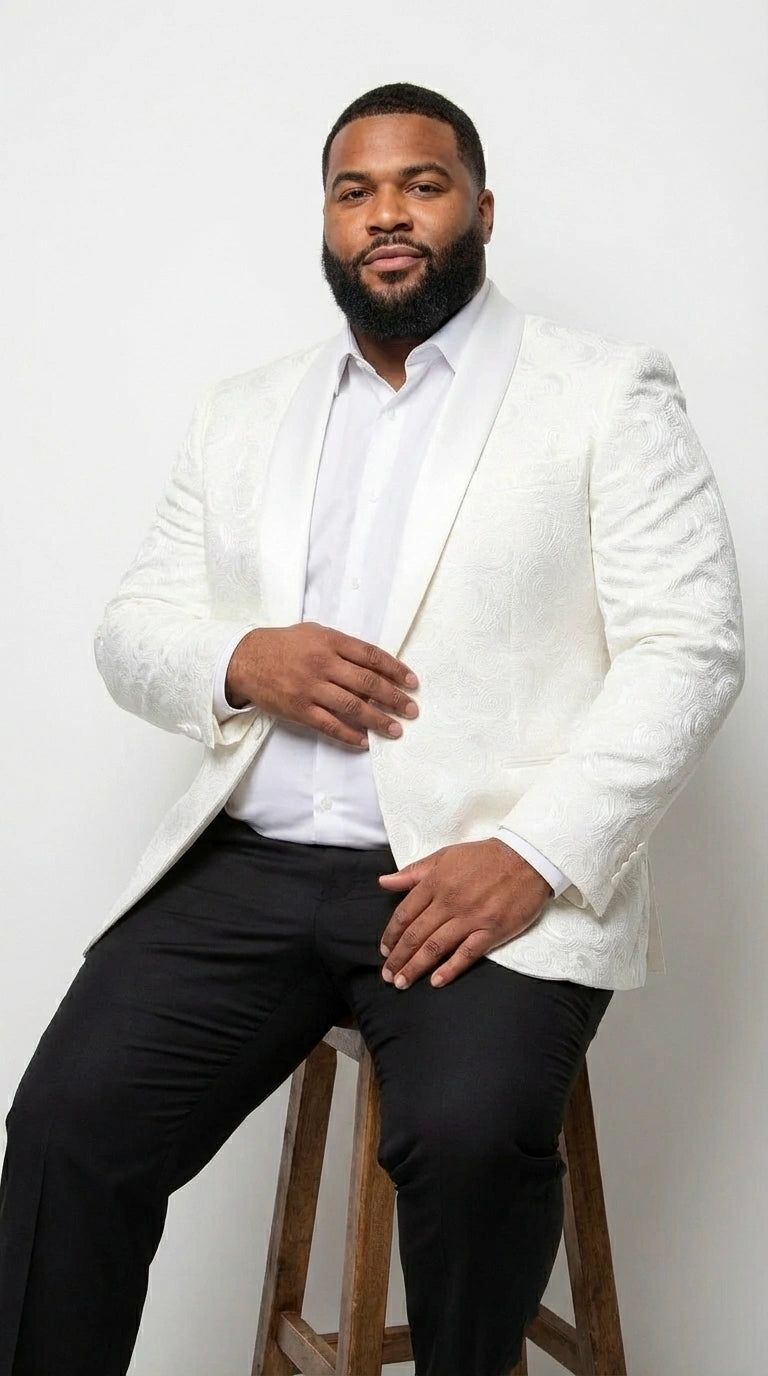 Men’s White Paisley Disco Blazer 1980s Style Jacket – Shawl Lapel Formal Party Blazer, Elegant Masquerade Club Wear, Stylish Evening Outfit - 36 Short
