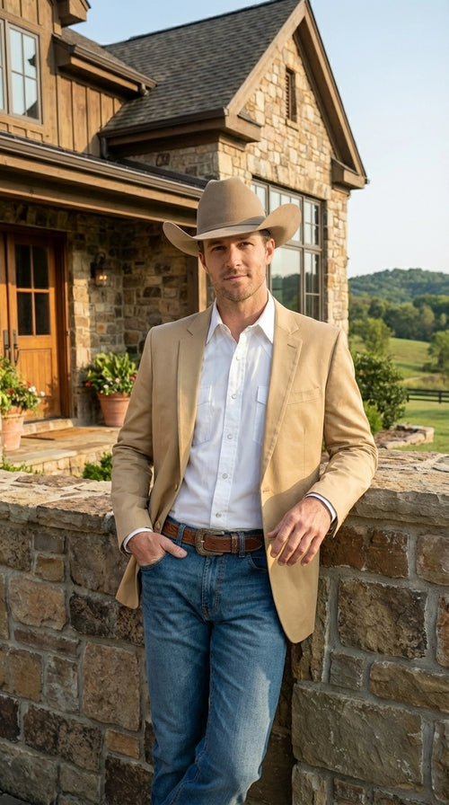 Men’s Tan Camel British khaki Western Blazer – Two Button Classic Casual Sport Coat - Cowboy Country Coat