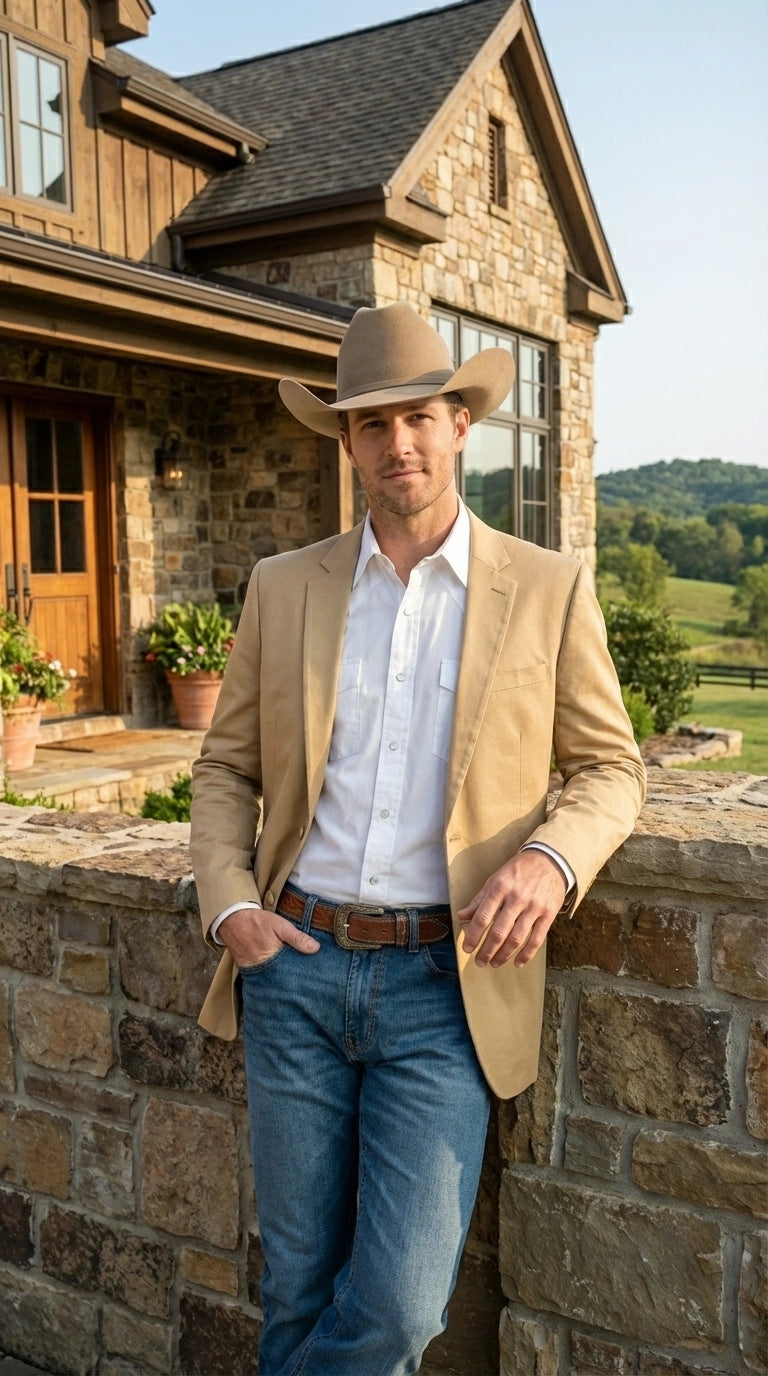 Men’s Tan Camel British khaki Western Blazer – Two Button Classic Casual Sport Coat - Cowboy Country Coat - 36 Short