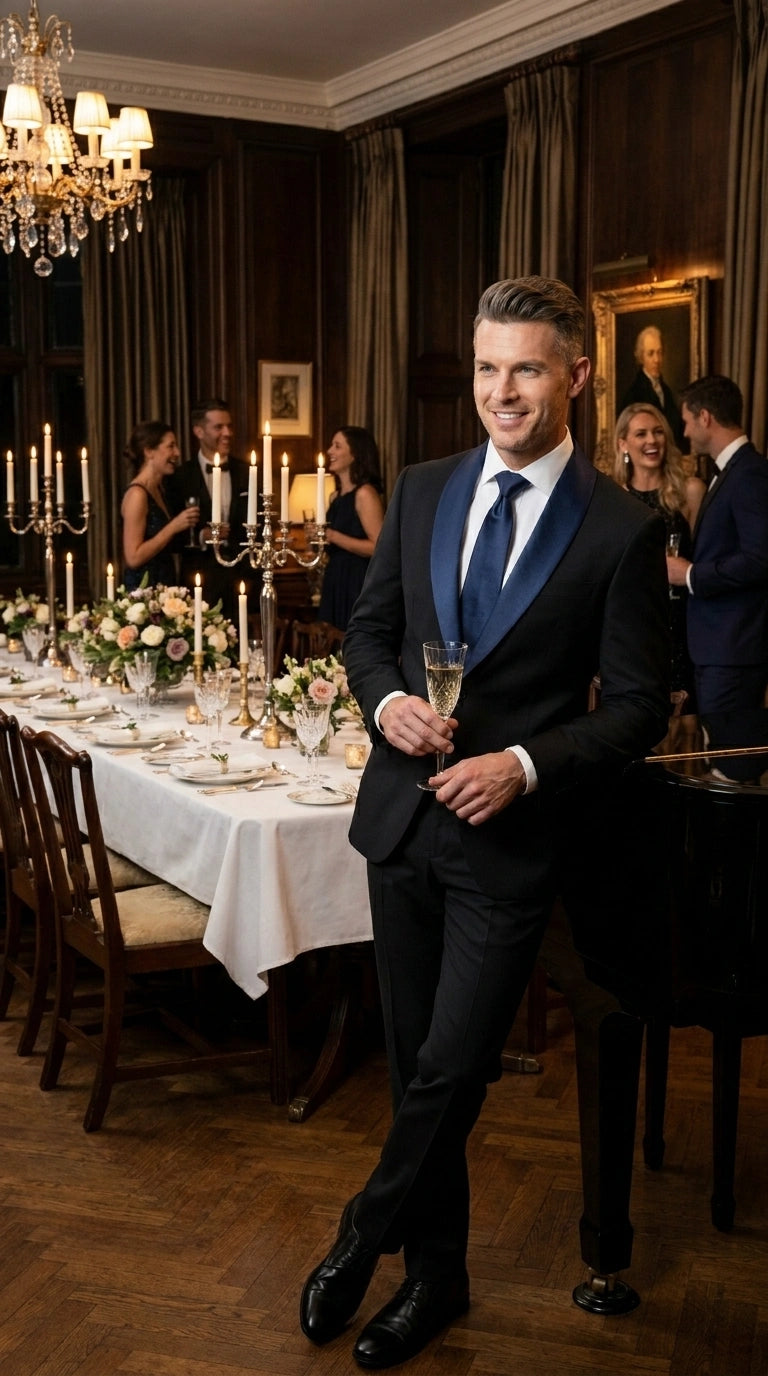 Men’s Black Suit with Navy Blue Lapel – Elegant Formal Tuxedo Style Suit for Wedding, Prom, Party and Evening Wear - 34 Short or Extra Small