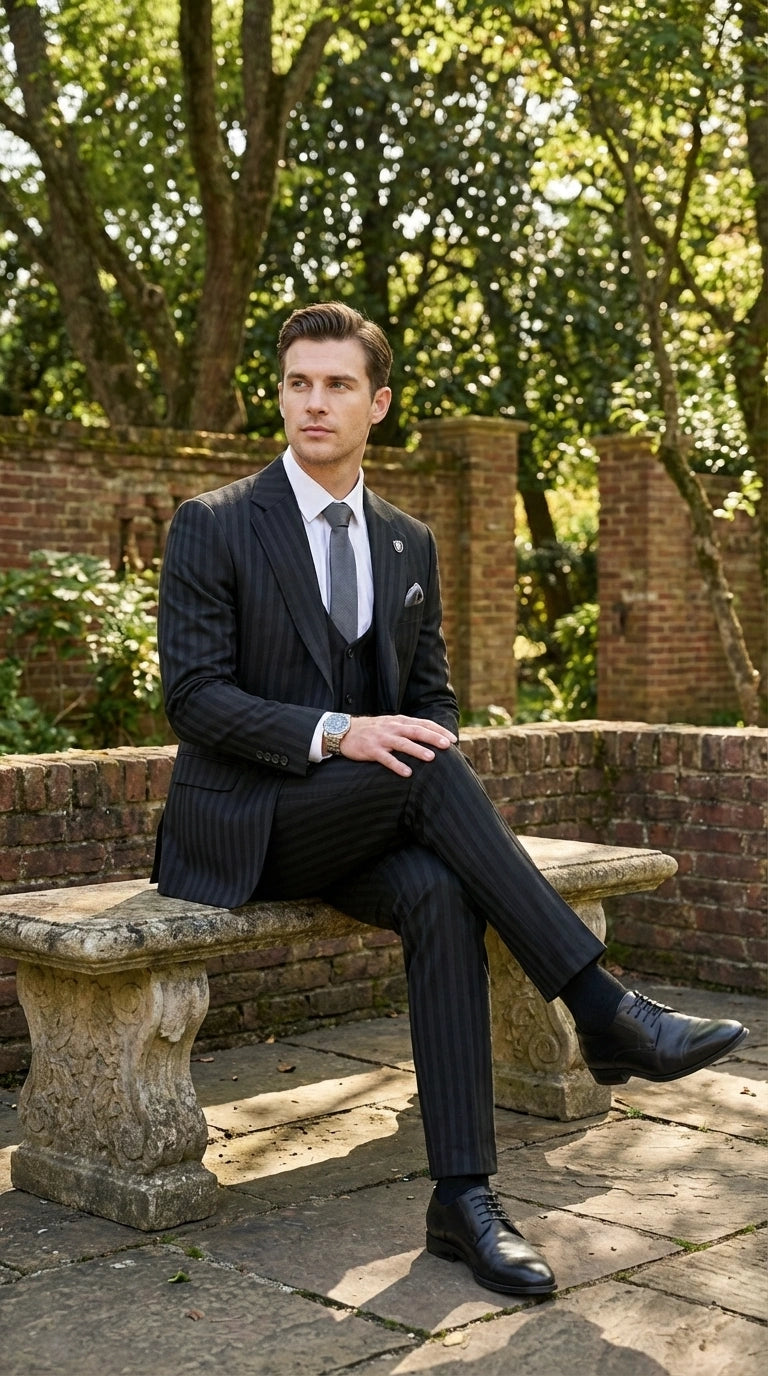 Men’s Black Pinstripe 3 Piece Suit – Vested Formal Business Suit for Wedding, Office, Prom and Party Wear - 34 Short or Extra Small
