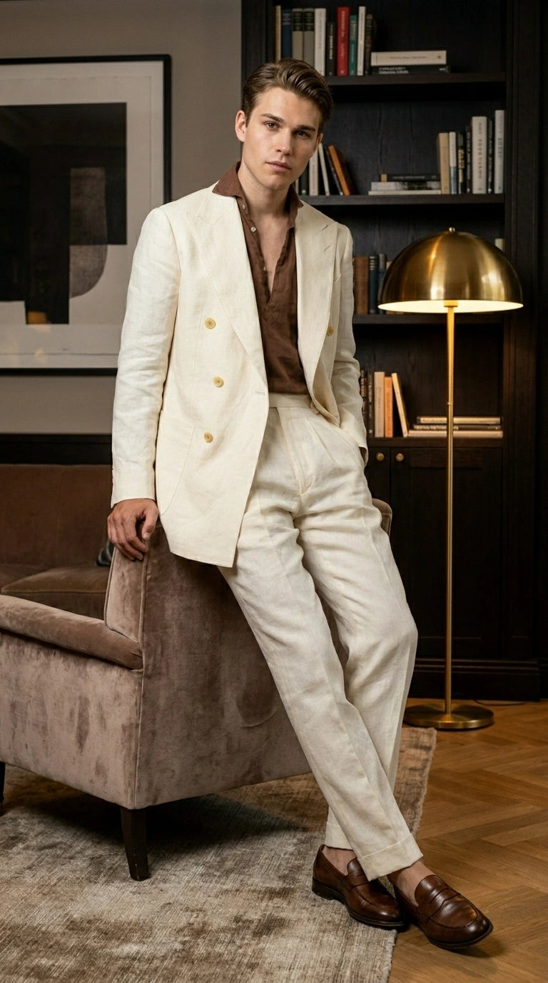 Men’s Off White 70s Style Double Breasted Suit – Vintage Retro Wide Lapel Classic Outfit for Party, Wedding and Casual Fashion Wear - 34 Short or Extra Small