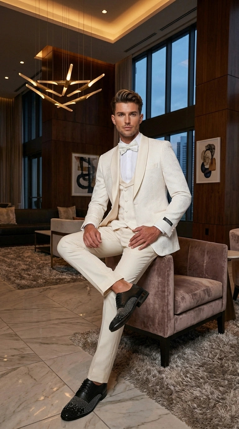 Men’s Ivory Paisley Tuxedo Suit 3 Piece – One Button Vested Satin Formal Suit for Wedding in Off white Cream Color - 40