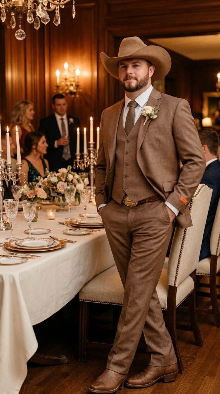Men’s Light Brown Western 3 Piece Suit – Classic Country Style Blazer Vest Pants Set, Formal Cowboy Suit Toast - 34 Short or Extra Small
