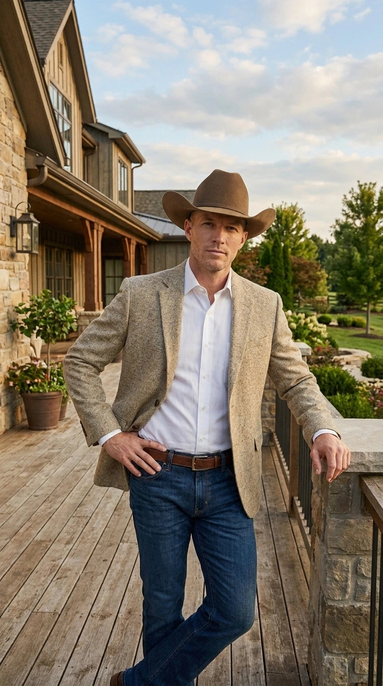 Men’s Light Tan Sand Tweed Cowboy Blazer – Country Style Western Jacket for Casual, Ranch, Saco Para Vaquero - 36 Short