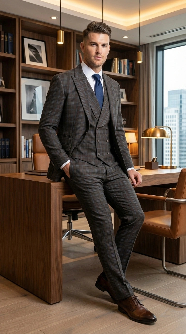 Vitali Men’s Brown Grey with blue Check 3 Piece Suit – Classic Plaid Formal Suit Set with Blazer, Vest & Trousers, Business Wedding Party Wear for Men Modern Fit - 34 Short or Extra Small