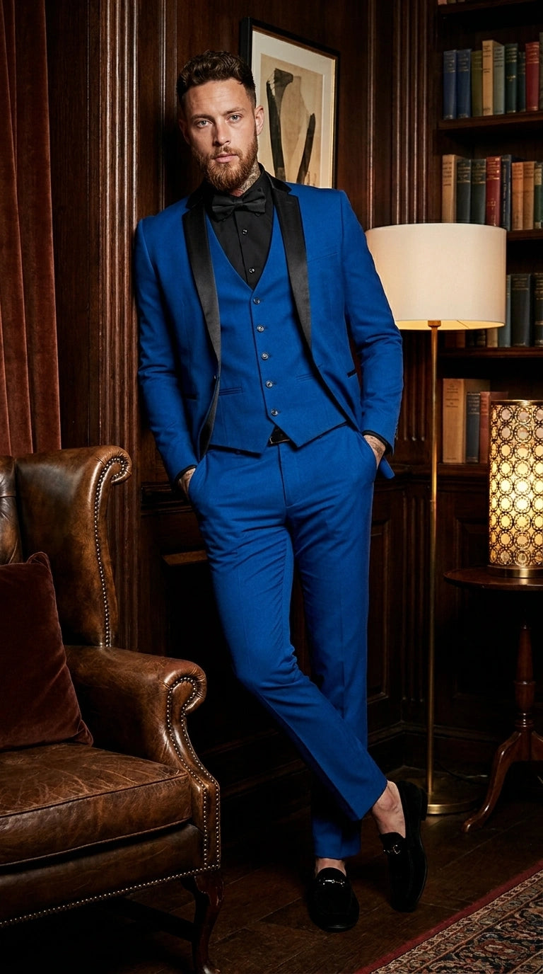 Men’s Royal Blue 3 Piece Suit with Black Lapel – Modern Formal Suit for Wedding, Prom and Party Wear - 34 Short or Extra Small