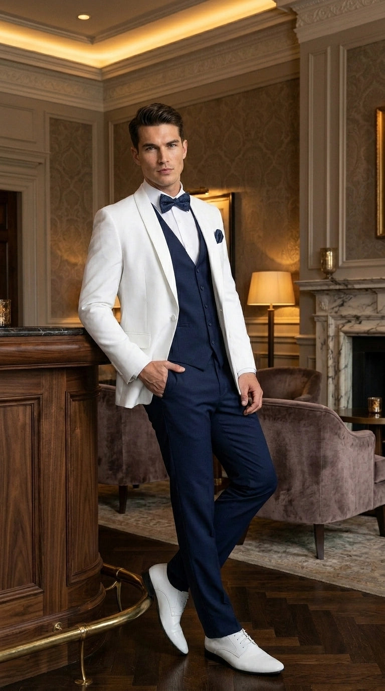 Men’s White and Navy blue tuxedo  3 Piece Suit – Classic White Blazer with Navy Vest and Pants for Wedding, Party + Bowtie - 34 Short or Extra Small