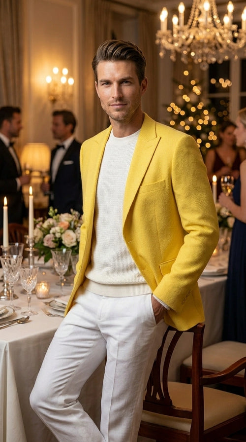 Zacci Brand Men’s Lemon Yellow Blazer Peak Lapel Hopsack Weave – Stylish Formal Blazer Jacket for Wedding, Party, Prom and Smart Casual Wear