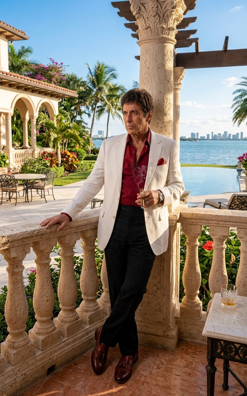 Tony Montana’s White Blazer Red Shirt Black Pants – Men’s White Blazer Outfit with Red Shirt and Black Trousers for Party, Wedding and Vintage Style Wear - 36 Short