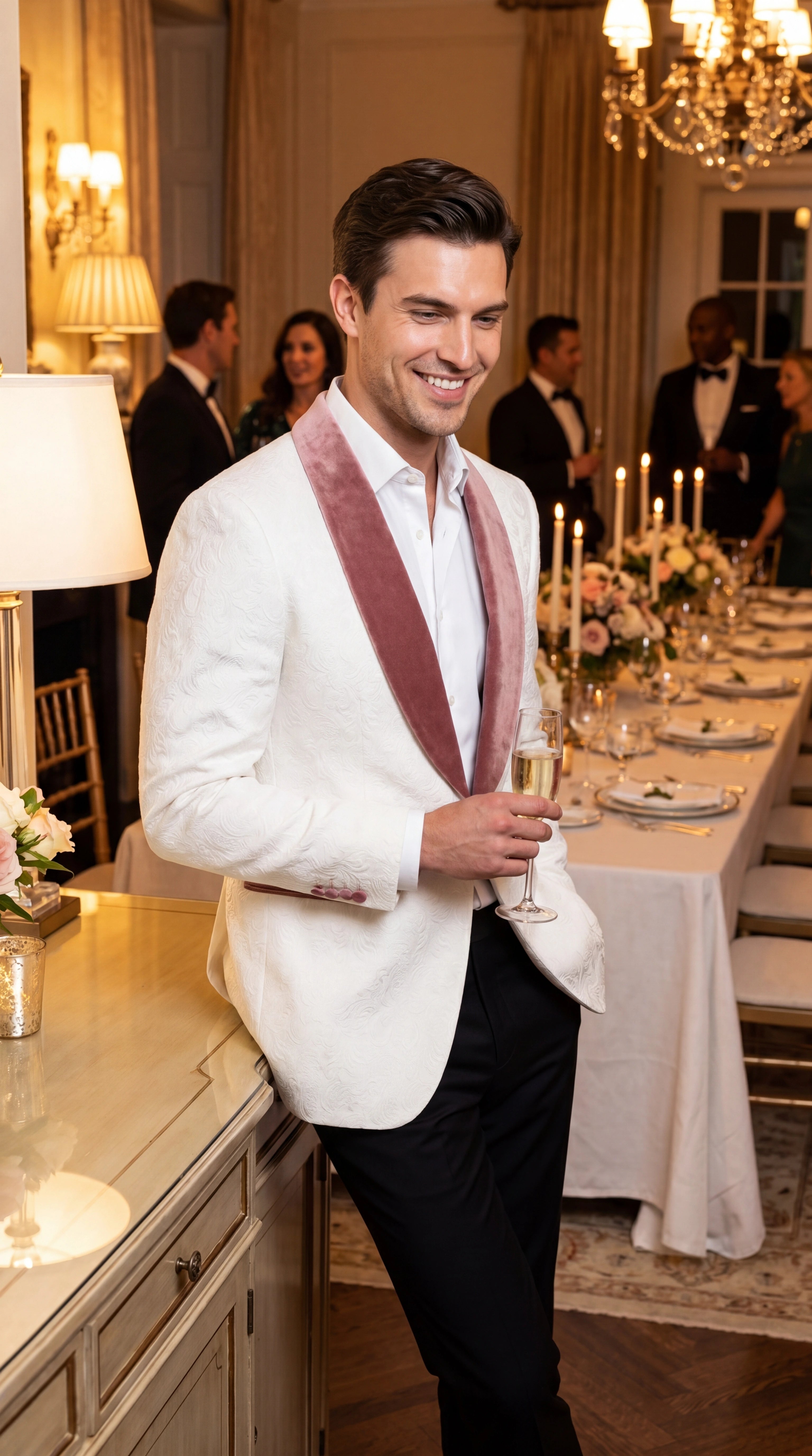 Men’s Ivory and Rose gold Floral Blazer – Elegant Shawl Lapel Formal Blazer Jacket for Wedding, Party, Prom - 36 Short
