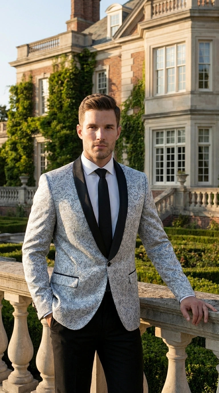 Men’s Silver and Black Floral Blazer – Elegant Formal Tuxedo Style Blazer Jacket for Wedding, Party, Prom and Evening Wear - 36R