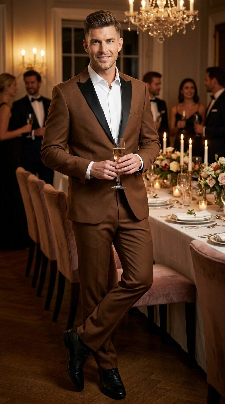 Men’s Light Brown Vested Piece Suit – Elegant Formal Suit with Contrast Lapel for Wedding, Party - 34 Short or Extra Small