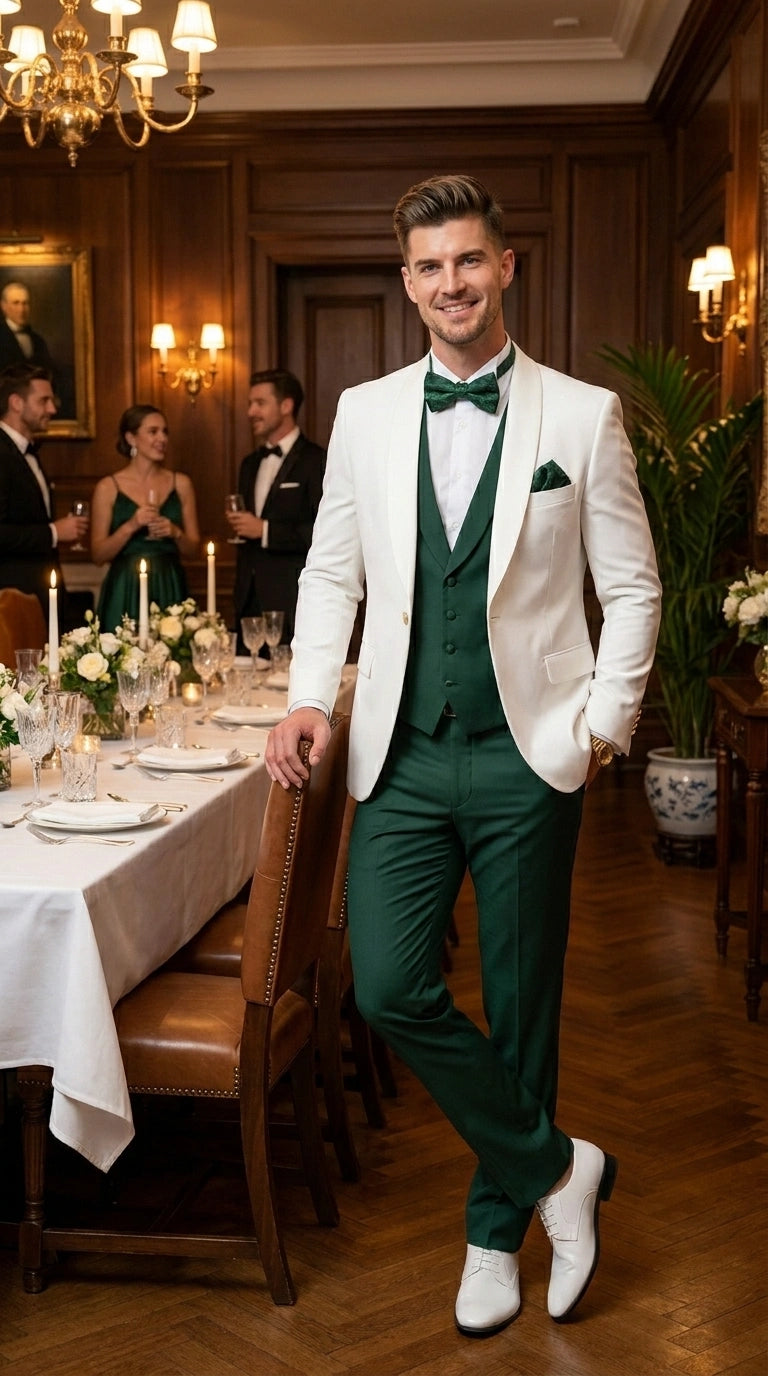 Men’s White and Hunter Green 3 Piece Suit – Elegant Formal Suit with Vest, Wedding Tuxedo Suit for Prom and Party Wear - 34 Short or Extra Small