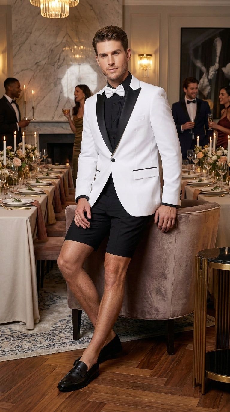 Men’s White and Black Tuxedo Suit with Shorts – Modern Formal Blazer and Short Pants Set for Wedding, Prom Suit - 34 Short or Extra Small