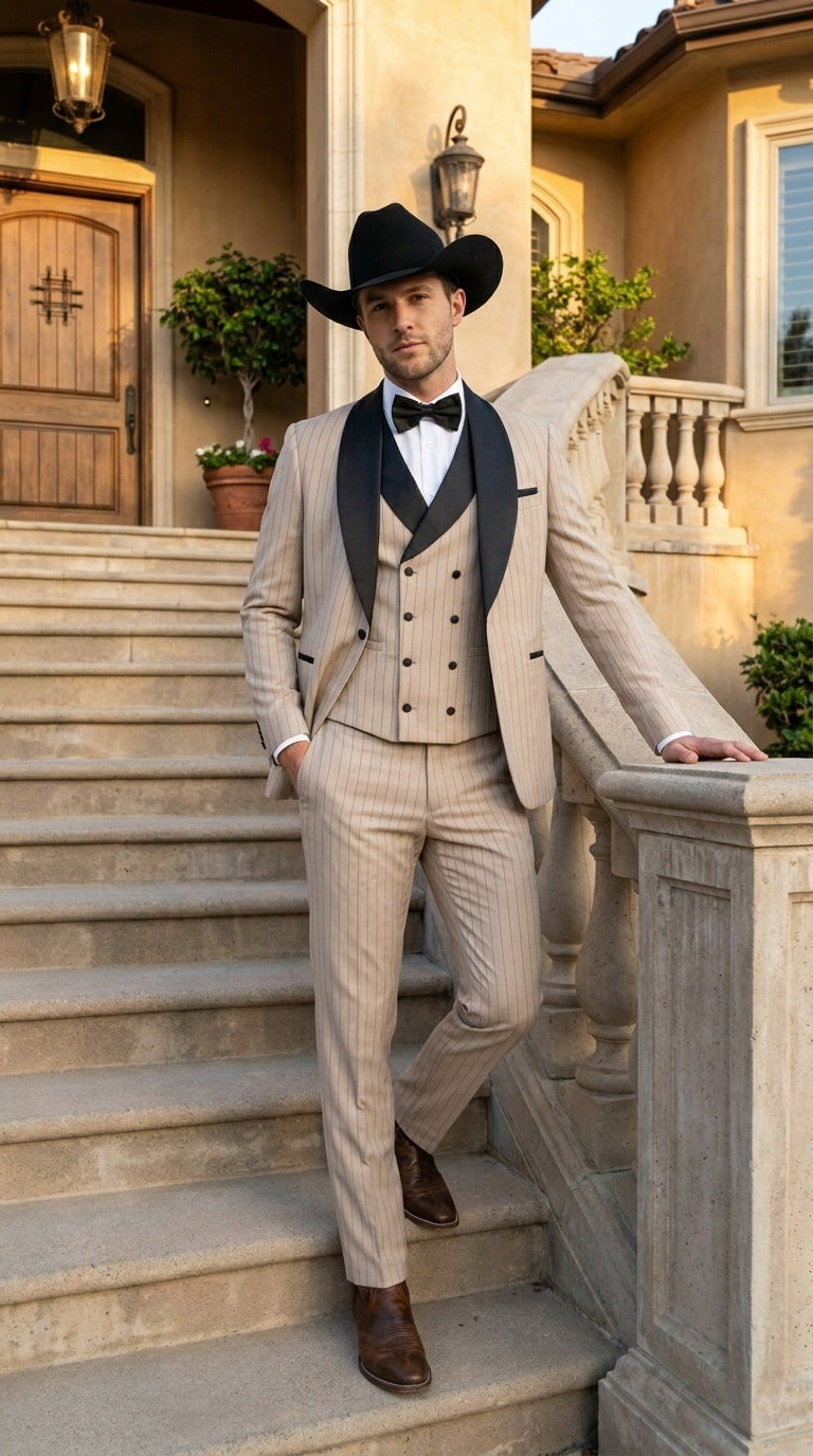 Men’s Beige Pinstripe Western 3 Piece Tuxedo Suit with Black Shawl Lapel, Formal Cowboy Wedding Prom Suit in Tan Khaki Color - 34 Short or Extra Small
