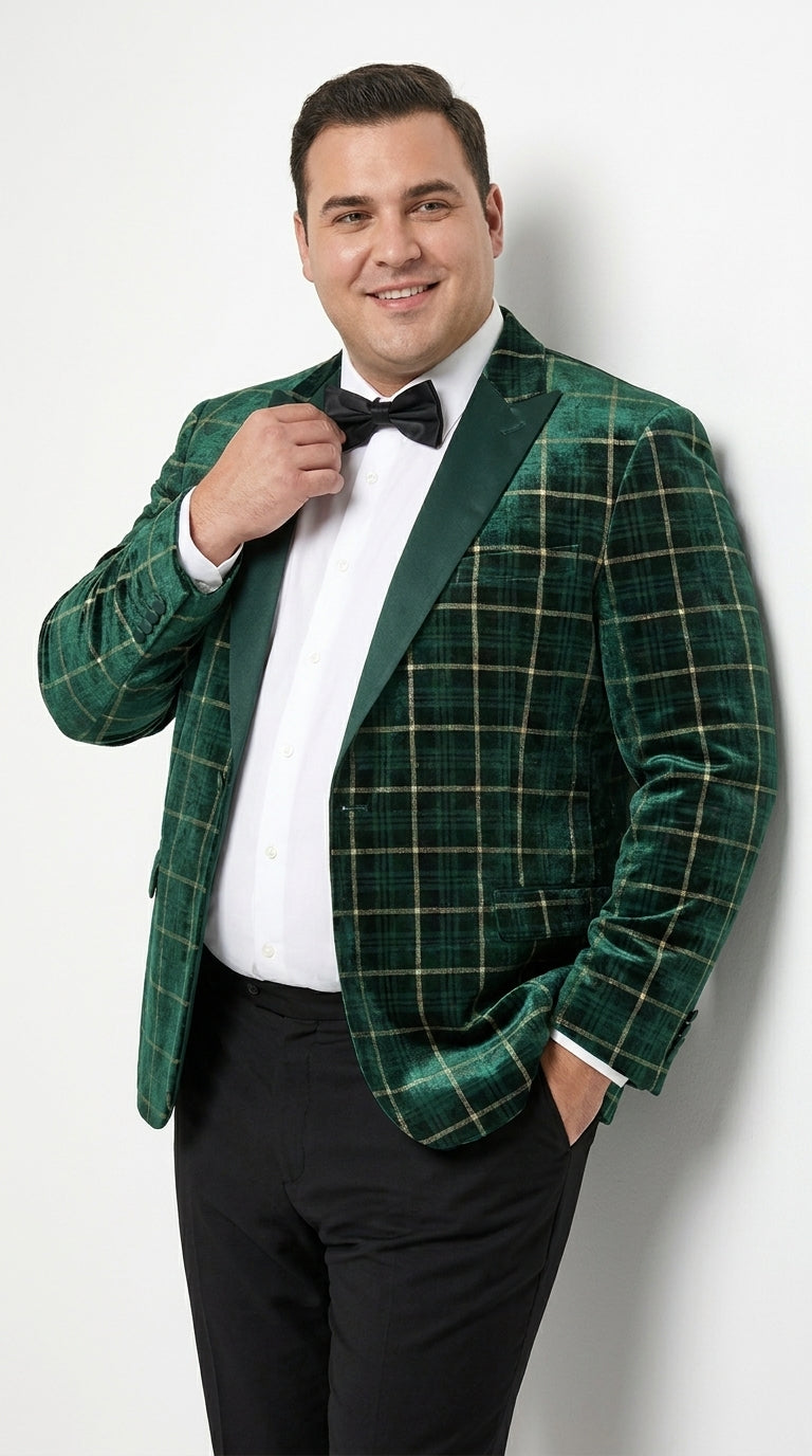 Men’s Green and Gold Plaid Christmas Holiday Blazer – Classic Check Party Jacket for New Year, Wedding and Festive New Year event - 36 Short