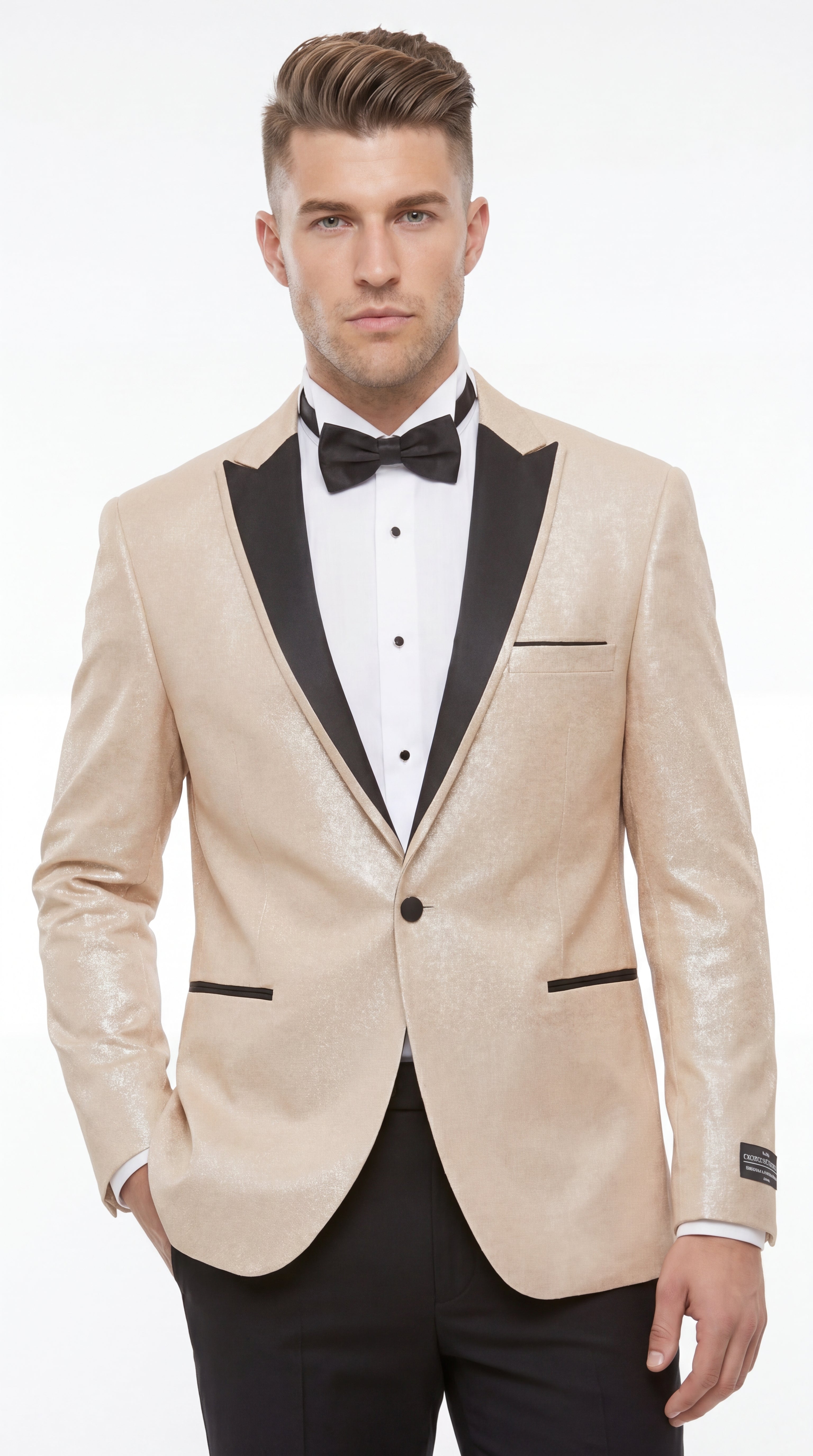 Men’s Gold Blazer with Black Lapel – Elegant Gold Formal Blazer Jacket for Wedding, Prom, Tuxedo in champagne Color - 36 Short