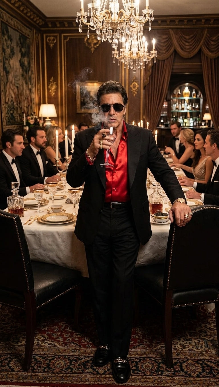 Tony Montana’s Black Blazer with Red Sateen Shirt – Men’s Black Formal Blazer and Red Satin Style Shirt Outfit for Party, Wedding and Vintage Wear - 36 Short