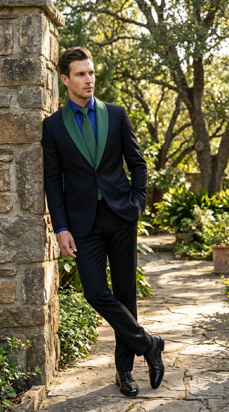 Men’s Black Suit with Hunter Green Shawl Lapel – Black and Hunter Green Formal Tuxedo Suit for Wedding, Prom With Bow Tie - 34 Short or Extra Small