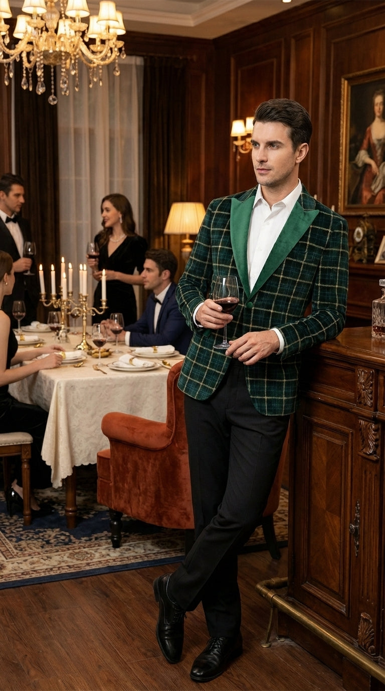 Mens Tartan Green and Gold Check Blazer – Windowpane Plaid Sport Coat Velvet Lapel Plaid Christmas Holiday New Year Jacket - 36 Short