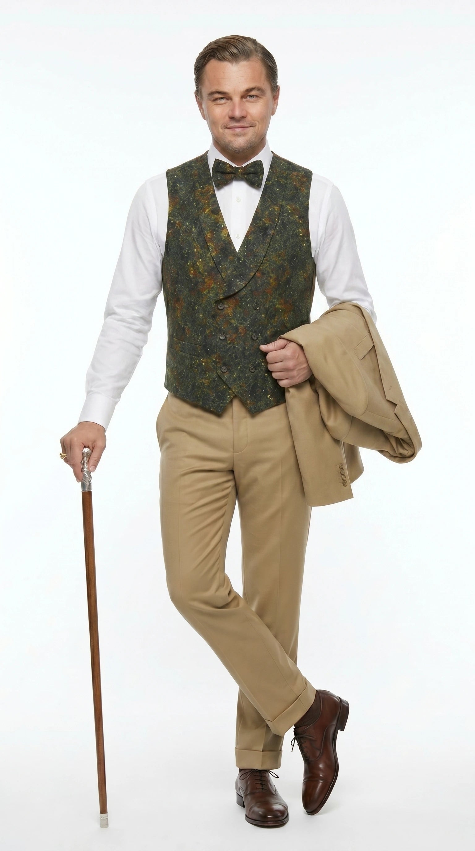 Men’s Khaki 3 Piece Suit with Patterned Vest, Great Gatsby Inspired Formal Suit for Weddings, Mardi Gra in Tan Camel Color - 34 Short or Extra Small
