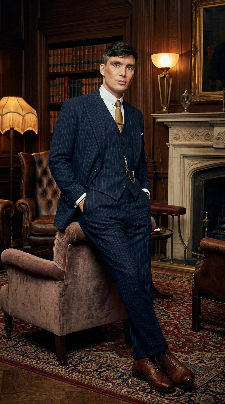 Men’s Navy Blue Pinstripe 3 Piece Suit, Thomas Shelby Inspired Vintage Formal Suit for Weddings, Parties, Prom, and Special Events - 34 Short or Extra Small