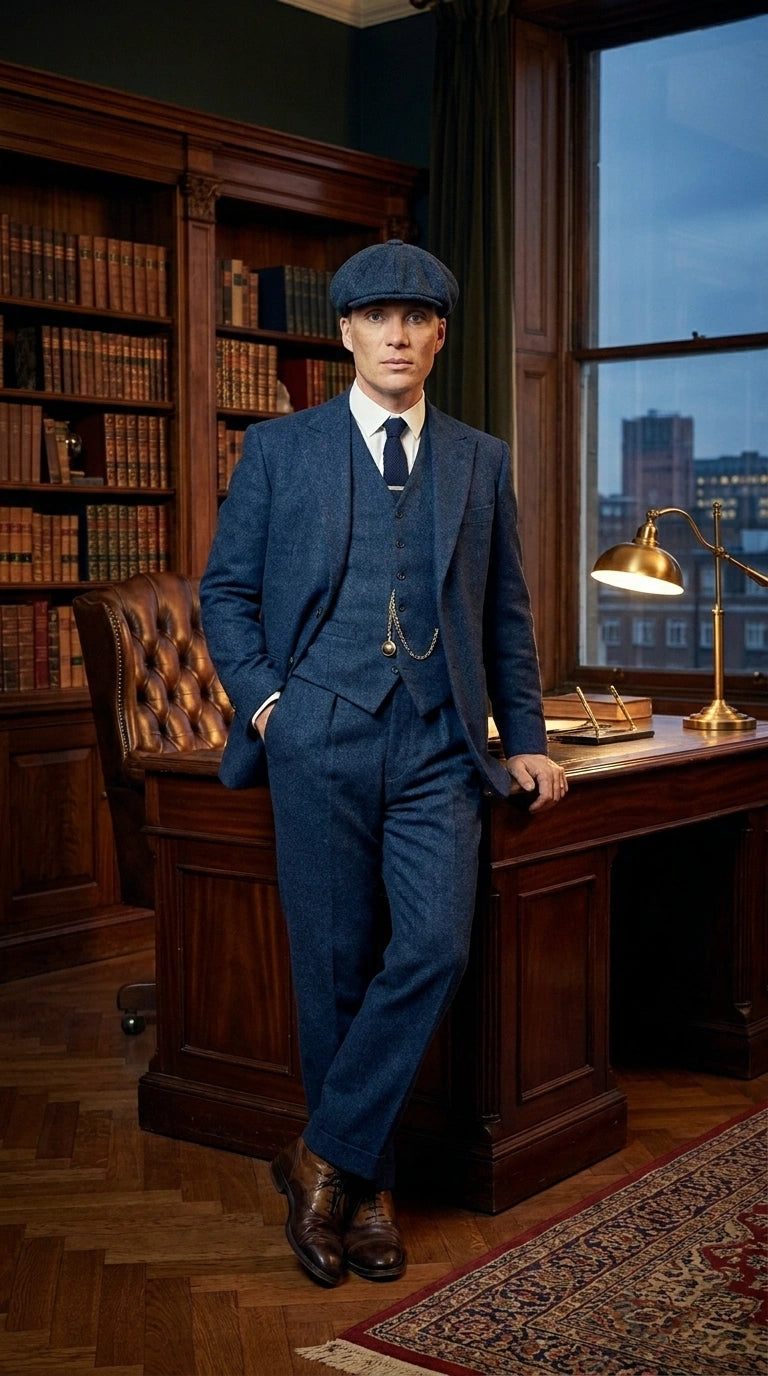 Men’s Blue 3 Piece Suit, Thomas Shelby Inspired Vintage Formal Suit Herringbone Tweed 1920s fabric - 34 Short or Extra Small