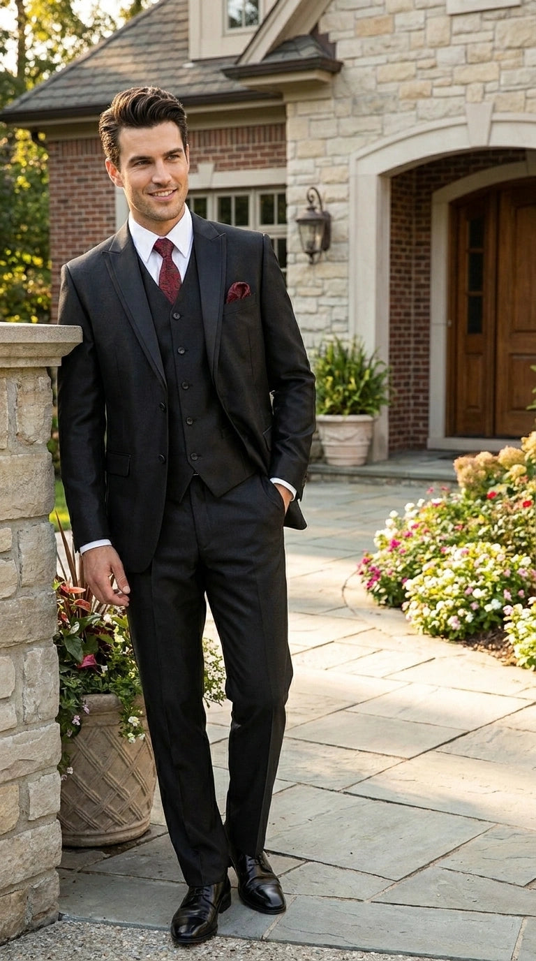 Men’s Black Shiny 3 Piece Tuxedo Groom Suit, Formal Vest Suit for Weddings, Prom, Black Tie Events, Black Lapel - 34 Short or Extra Small