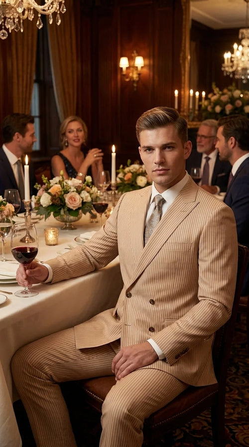 Vitali Men’s Tone on Tone Beige Pinstripe 2 Piece Suit, Double Breasted Summer Dress Suit for Weddings, Tan Beige Shadow Pinstripe