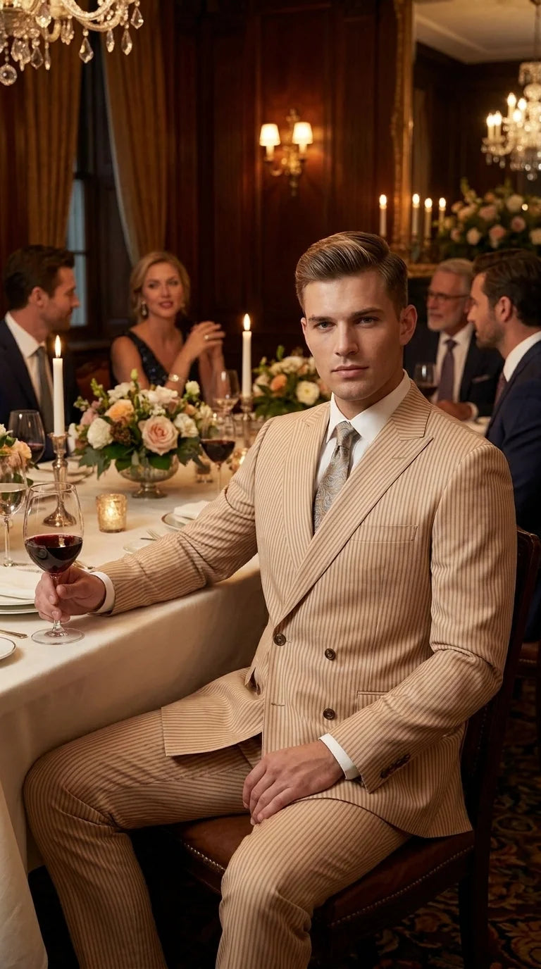 Vitali Men’s Tone on Tone Beige Pinstripe 2 Piece Suit, Double Breasted Summer Dress Suit for Weddings, Tan Beige Shadow Pinstripe - 34 Short or Extra Small