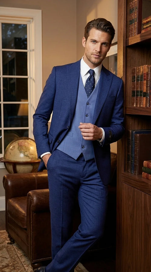 Vitali Men’s Navy Blue 3 Piece Suit with Light Blue Vest, Textured Formal Dress Suit for Weddings, Prom, Business Events, and Parties