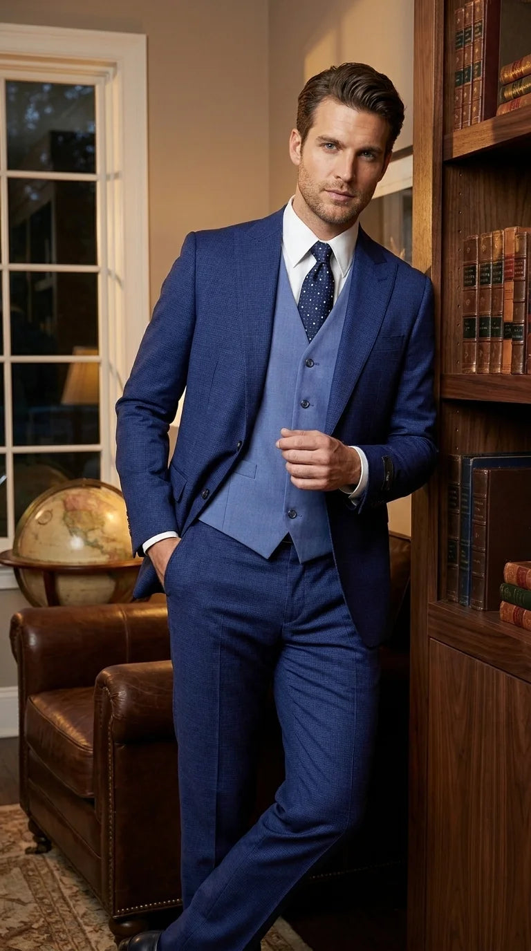 Vitali Men’s Navy Blue 3 Piece Suit with Light Blue Vest, Textured Formal Dress Suit for Weddings, Prom, Business Events, and Parties - 34 Short or Extra Small