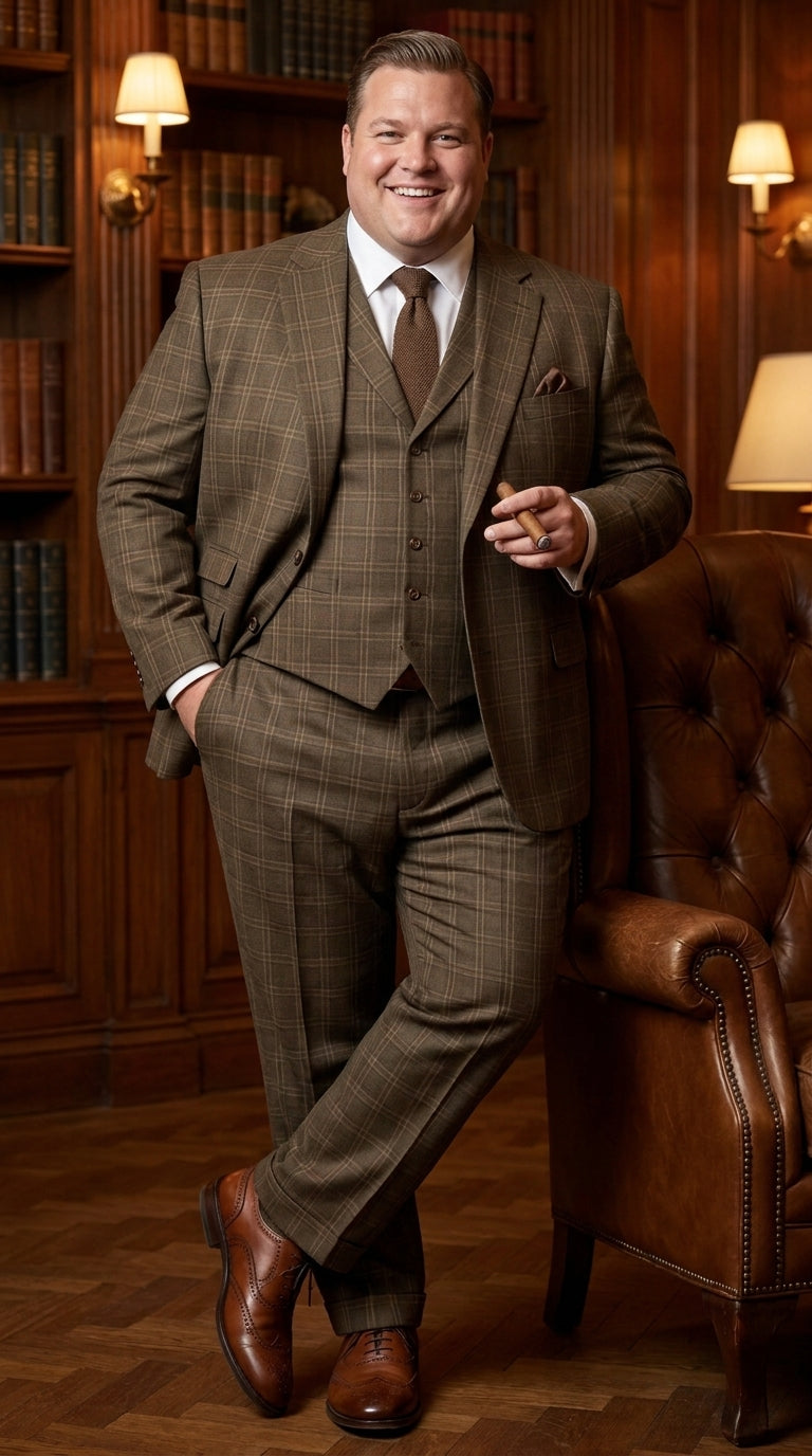 Men’s 1930s Brown Plaid 3 Piece Suit, Vintage Formal Wedding Business Dress Suit Set - 34 Short or Extra Small
