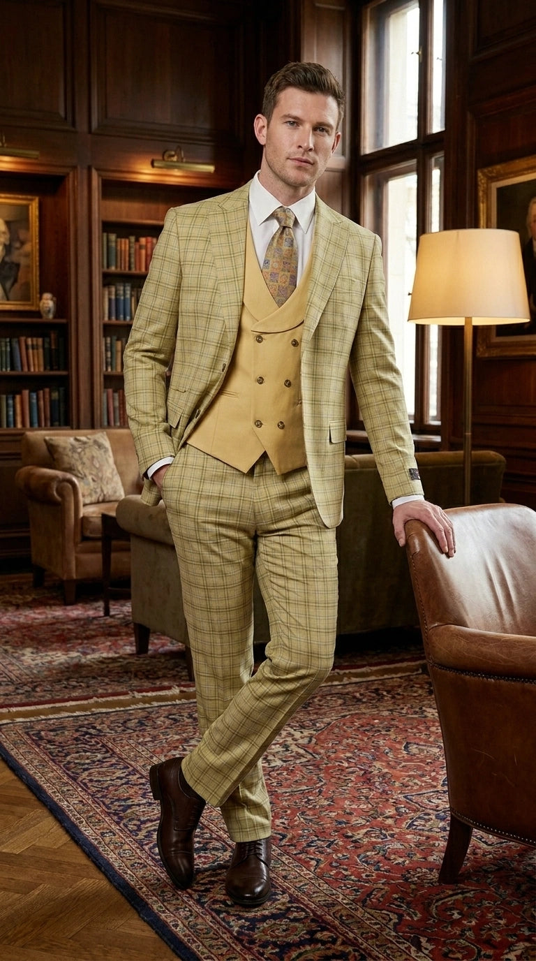 Vitali Men’s Sage Beige Tan Plaid 3 Piece Suit, Check Pattern Formal Dress Suit for Weddings, Prom, Business Events, Modern Fit Light Yellow Color - 34 Short or Extra Small