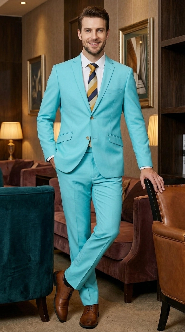 Men’s Aqua Blue 2 Piece 2 Button Suit, Formal Dress Suit for Weddings, Prom, Parties, Summer Events, Turquoise Light blue - 34 Short or Extra Small