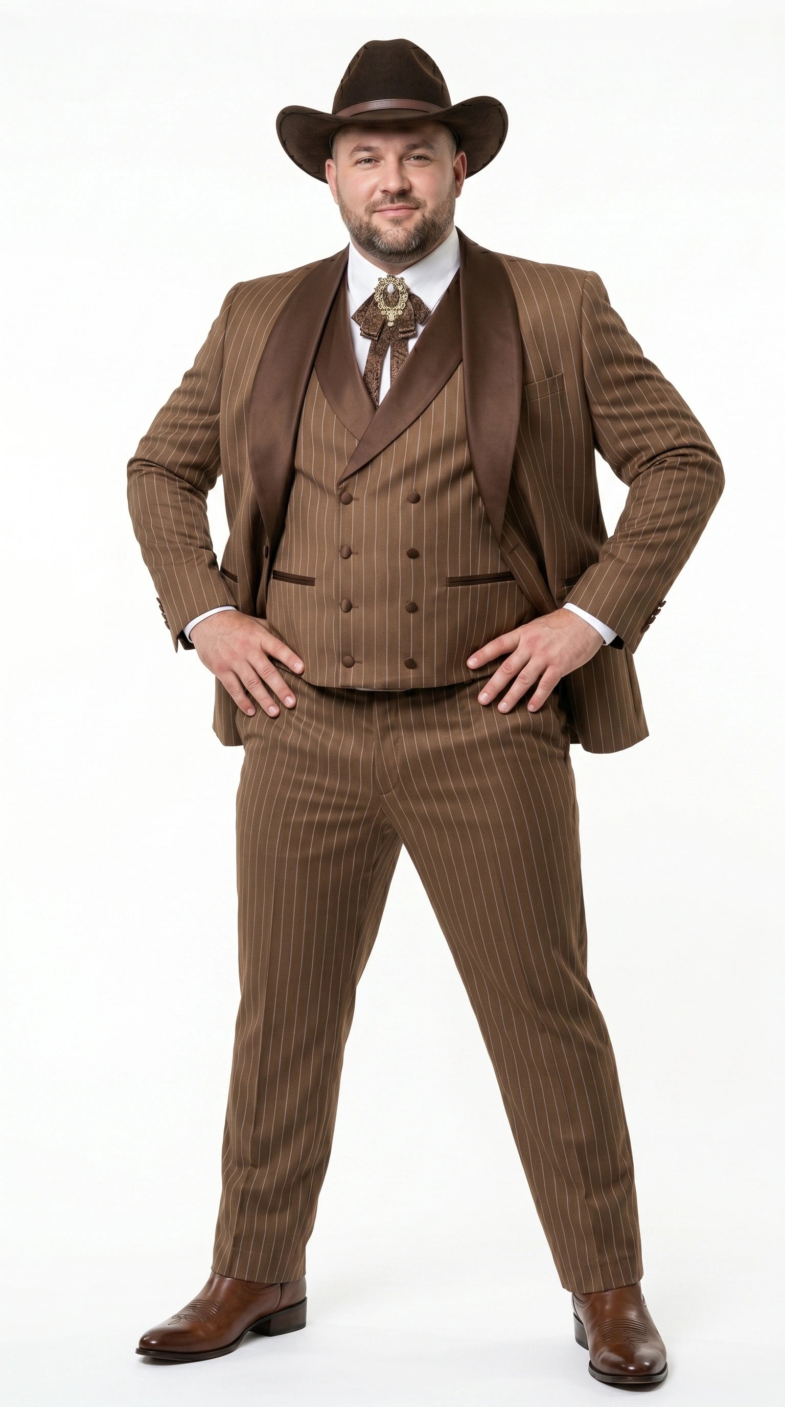 Men’s Brown Pinstripe Western Cowboy Tuxedo, Contrast Shawl Lapel Formal Suit for Weddings, Prom, Parties, and Special Occasions - 34 Short or Extra Small