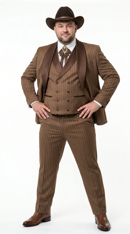 Men’s Brown Pinstripe Western Cowboy Tuxedo, Contrast Shawl Lapel Formal Suit for Weddings, Prom, Parties, and Special Occasions