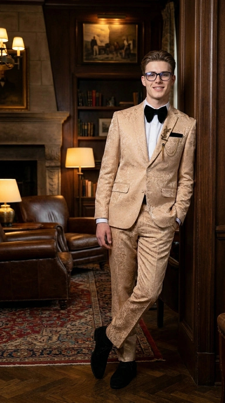 Men’s Champagne Gold Paisley Prom Tuxedo, Formal Dinner Suit for Prom, Weddings, Parties in Tan Color - 34 Short or Extra Small