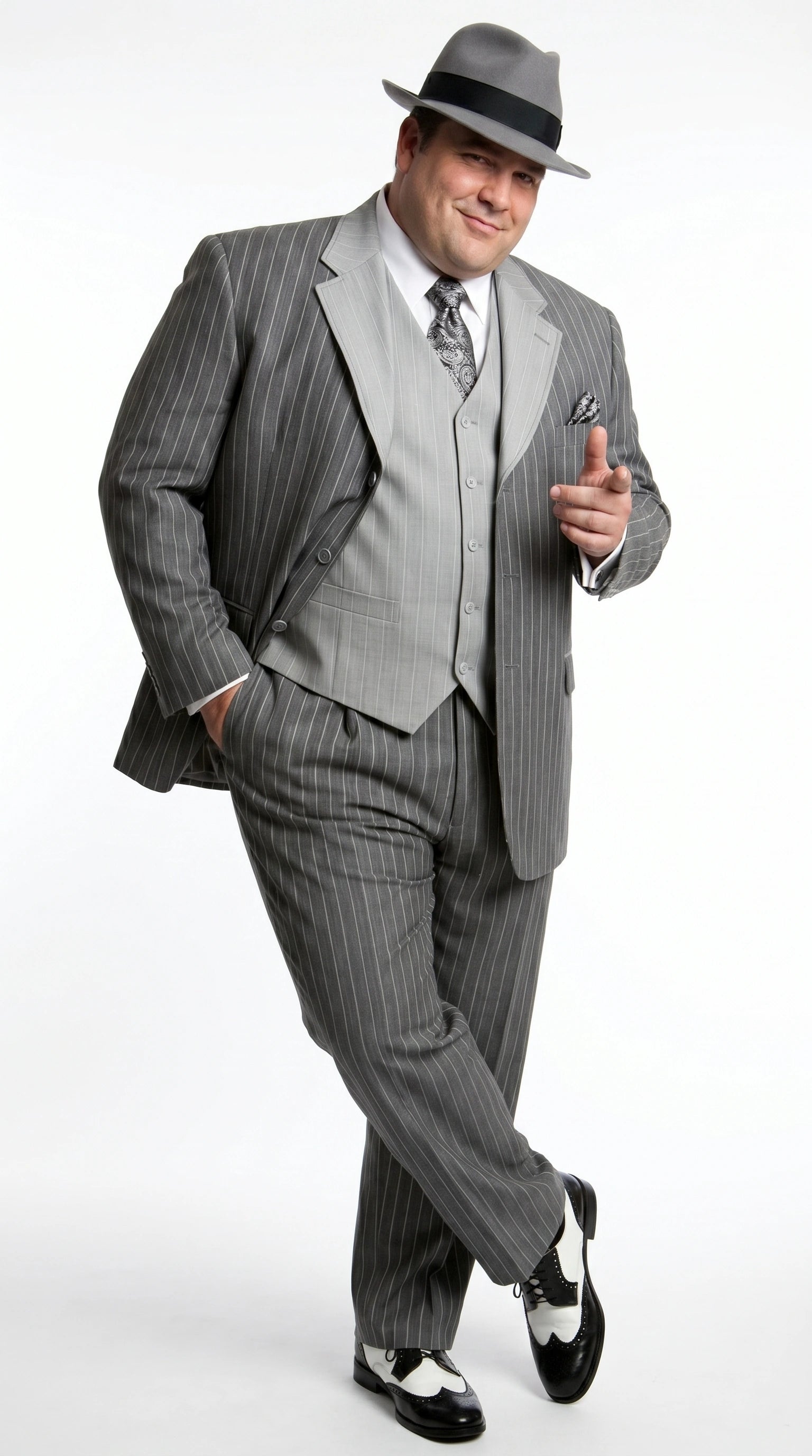 Men’s Grey Pinstripe 1920s Gangster 3 Piece Suit, Contrast Lapel Vintage Formal Suit for Parties, Prom, Weddings, and Theme Events - 34 Short or Extra Small