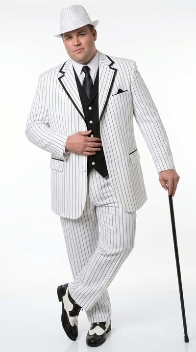 Men’s White Pinstripe 1920s Gangster 3 Piece Suit, Black Contrast Formal Costume Suit for Parties, Prom, Weddings, and Theme Events