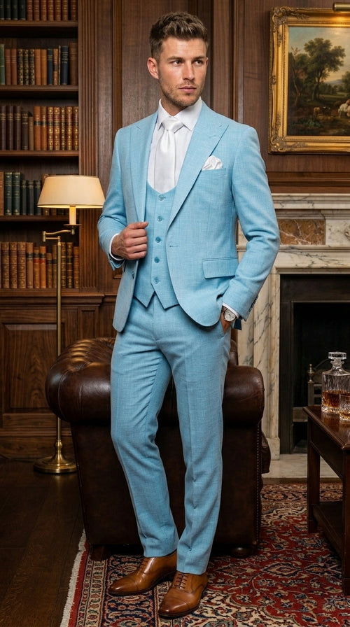 Men’s Turquoise Light blue Suit, Vested Formal Dress Suit for Weddings, Prom, Summer Parties, and Special Occasions in Aqua Blue Color By Rossiman