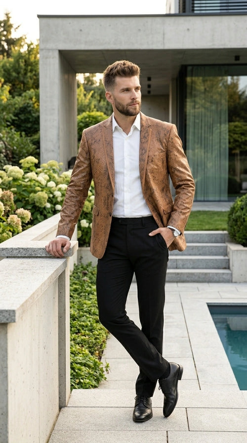 Men’s Tan Snakeskin Print Blazer, Brown Sport Coat Camel Alligator Crocodile Animal Print leopard Jacket