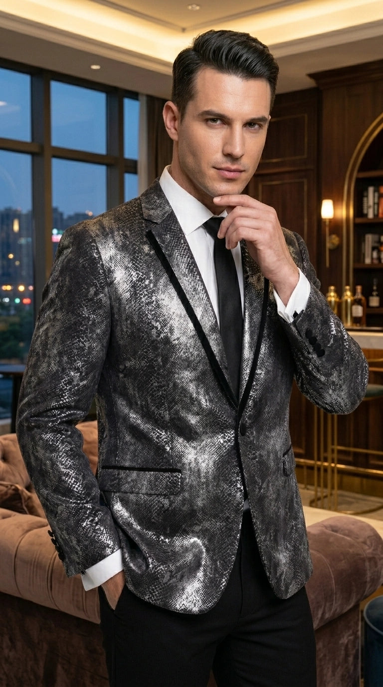 Men’s Black and Charcoal Gray Snakeskin Print Blazer, Animial Exotic Skin Alligator Crocodile Texture - 36 Short
