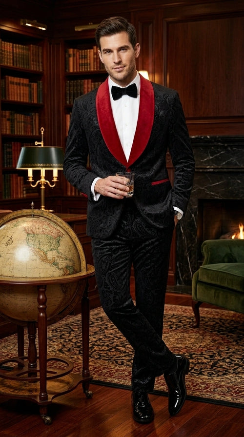 Men’s Black Paisley 2 Piece Suit with Red Shawl Lapel, Formal Wedding Prom Party Suit Set