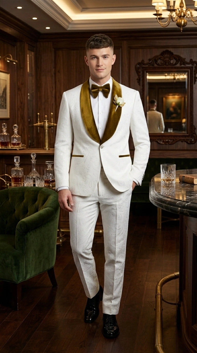 Men’s White Paisley 3 Piece With Vest Prom Tuxedo with Gold Velvet Shawl Lapel, Formal Wedding Suit Set - 34 Short or Extra Small