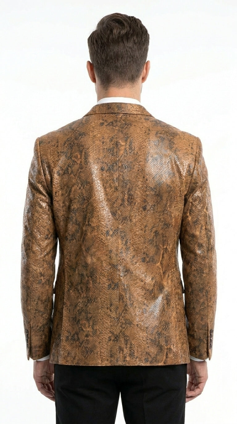 Men’s Brown Snakeskin Pattern Blazer – Stylish Exotic Print Formal Blazer Jacket for Party, Exotic Crocodile Alligator Print - 36 Short