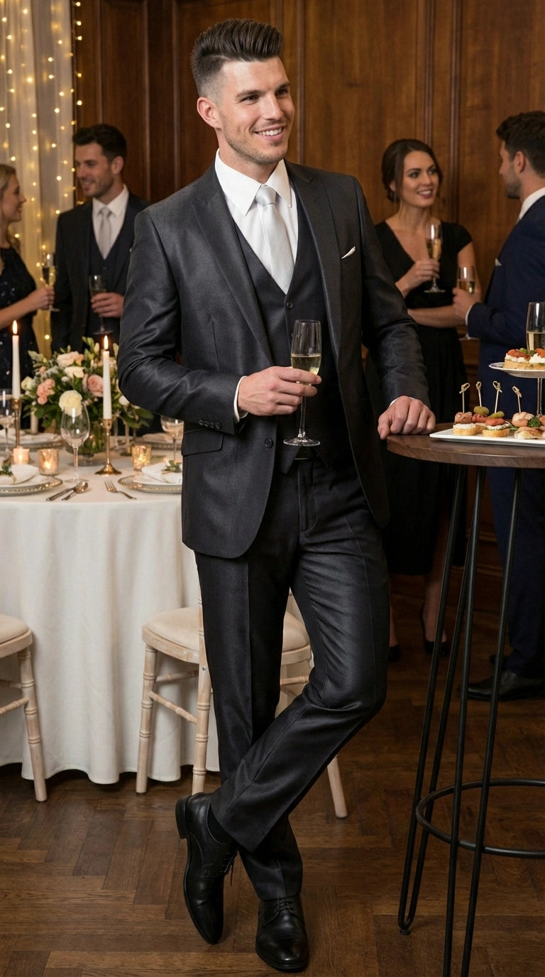 Men’s Black Three Piece Suit – Modern Fit 3PC Formal Suit with Vest for Wedding, Prom and Business Events Sharkskin Shiny Fabric - 34 Short or Extra Small